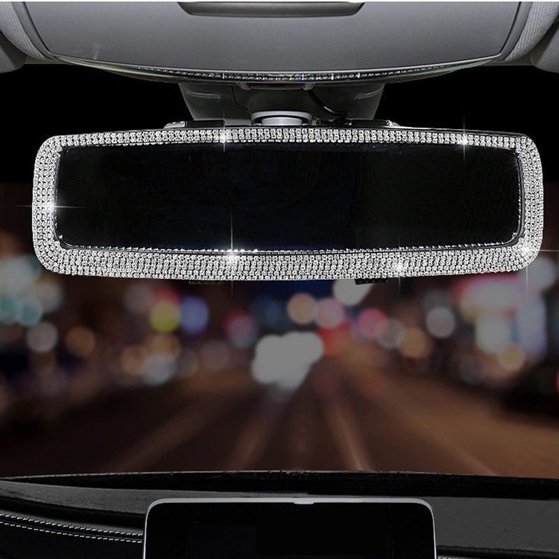 WedFeir Bling Rhinestone Car Rear View Mirror  Mirror with Crystal Diamonds Rhinestones for Women Car Interior Trim. ( Sliver ) - Image 1